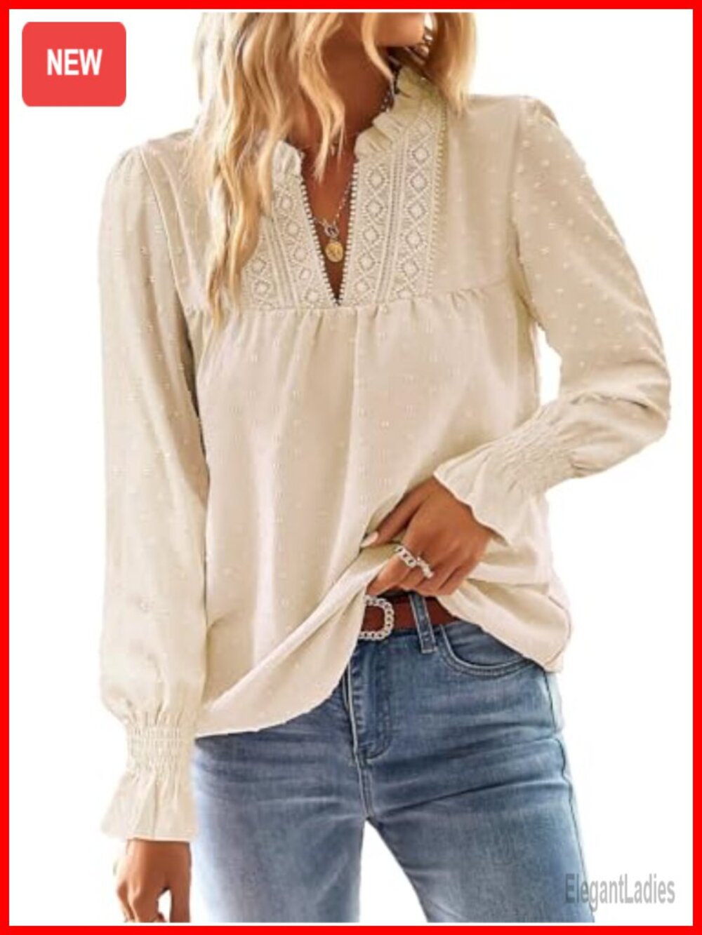 Womens V-Neck Crochet Lace Blouse Long Sleeve Dressy Casual Top